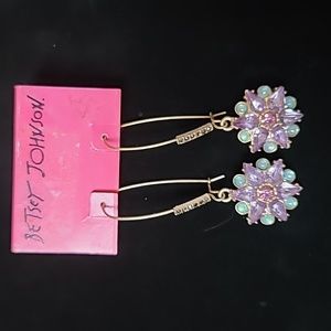 New Vintage BETSEY JOHNSON Blue Iconic Collection Crystal Flower Dangle Earrings